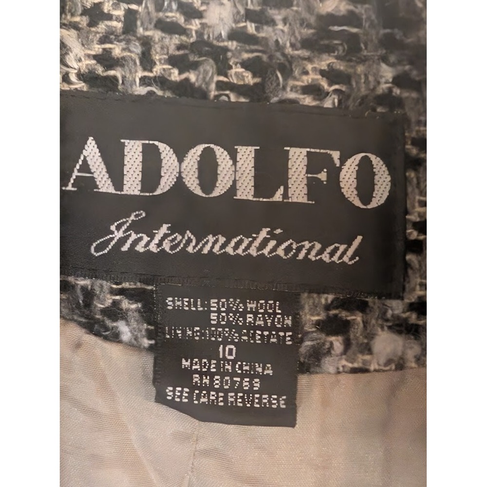 Adolfo International Women's Wool Blend Blazer Jacket Black White Tweed Size 10 - Picture 3 of 3